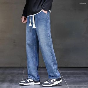 Mäns jeans Autumn Men denim bredben byxor koreansk stil rak ljusblå baggy elastisk midja studentbyxor manlig svart