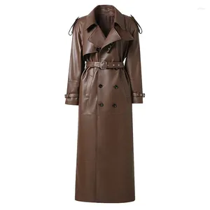 Couro de couro feminino Real Long Trench Coat Casaco de moda feminino Ovelha Spring Autumn Lady 2024 Design