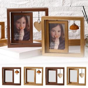 Frames Rotating Picture Frame Double Sided Display Po Wooden With Light/Heart Pendant For Home Office Desk