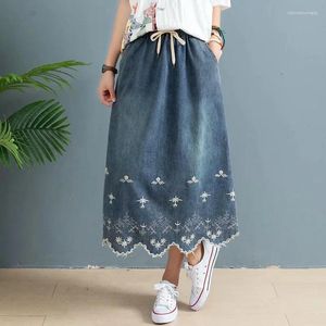 Röcke Frauen japanische Mori Mädchen Blumenstickerei Denim Jean High Taille süße weibliche Cowboy Midi Frühling Herbst