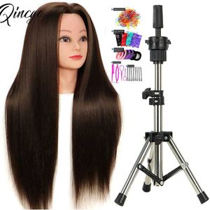 Schaufensterpuppenköpfe 65 cm menschlicher Modellkopf mit synthetischen Haaren zum Training von Solo -Friseur Virtuelle Puppe praktizieren Frisuren Q240510