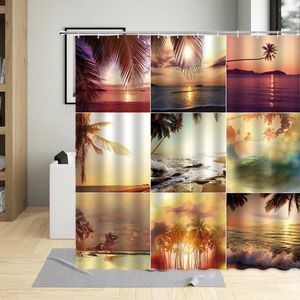 Shower Curtains Summer Day Seaside Sunset Landscape Curtain Coconut Tree Sunlight Bird Bathroom Home Decorative Cloth Machine Washable