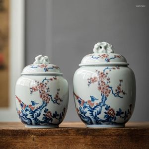 Garrafas de armazenamento Blue e branco Caixa de chá de porcelana Flor Biram Candy Jar com tampa delicada recipiente de cozinha de vaso decorativo