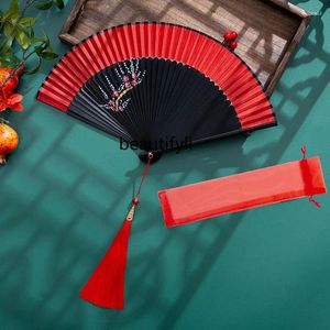 Decorative Figurines Zq Chinese Style Classical Folding Fan Cheongsam Ancientry Dance Dancing Red Portable Plum Blossom