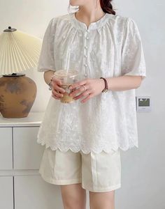 Mulher feminina Mulher juvenil de manga curta Camisas de bordados brancos de bordados vintage elegantes 2024 roupas de verão