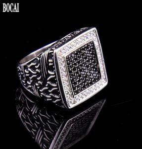 REAL S925 Pure Silver Jewelry Black and White Diamond Men039S Ring Vintage Dripping Oil Zircon For Man Cluster Rings8171703