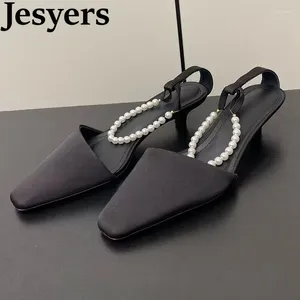 Casual Shoes Spring Pointed Satin Ankle Beaded Design High Heels Women's Shallow Mouth Solid Vintage Sandals Party Banquet Elegant 2024