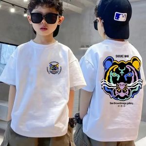 Boys 100% Cotton T-shirt Summer Cartoon Graffiti Lion Printed Girls Tees Short Sleeve Children Tops High Quality Kids Clothes 240511