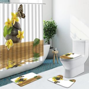 Cortinas de chuveiro Zen Stone Lotus Butterfly Set Cuttain Fabric Desert Desert Bamboo Tapetes não deslizantes Tapete de flanela Tampa de tapete com ganchos