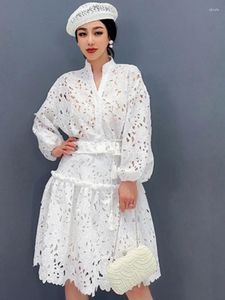 Work Dresses QING MO 2024 Summer Lace Suit V-neck Long Sleeve Hollow White Top A-line Skirt Retro Elegance Two Dress Sets Women ZXY008