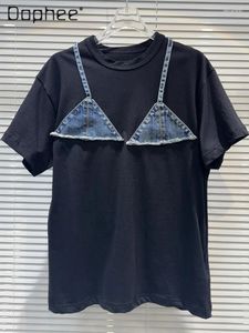 Camisetas femininas rua de jeans de biquíni costura de biquíni curta de manga curta