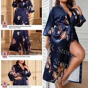 Ev Giyim Büyük Boy 3xl4xl5xl Kimono Robe Elbise Lady Satin Ev Giyim Uzun Boynuz Seksi Çiçek Baskı Nightwear Mavi Sweetwear Loungewear