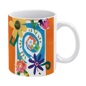 Mugs Flowers And Swirls White Mug Good Quality Print 11 Oz Coffee Cup Bright Colors Orange Swirl Cut Paper Collage O