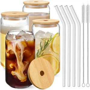 Wine Glasses 4pcs Set -16oz Can Shaped Cup Drinking With Bamboo Lids And Glass Straw 2 Cleaning Brushes Iced Coffee Cute Tumbler
