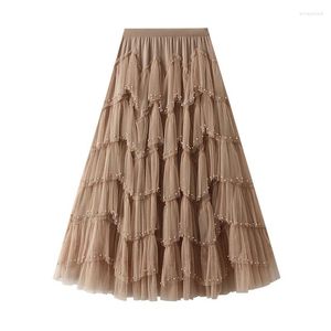 Skirts Beads Cake Mesh Skirt Female Fairy Temperament High Waist Bubble Gauze Long For Women Korean Fashion Clothing