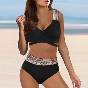 Frauen Badebekleidung Ladies Sexy Patchwork Bikini Rückenfreie hohe Taille Dreieck Split Strand Badeanzug Elastischer Boho Badeanzüge