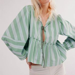 Kvinnors blusar Imcute kvinnor y2k babydoll toppar puff hylsa crewneck tie front peplum shirt ruffle hem blus 2024 sommar söt