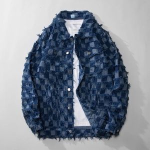 봄과 가을 레트로 블루 격자 무늬 데님 재킷 순수면 Jaqueta 청바지 거리 느슨한 chaquetas hombre mens 재킷 240511