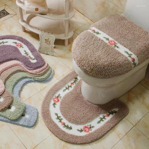 Badmatten Pastoralstil Toiletten Teppich Blume Muster Badezimmer Matte Set u Form Teppiche Bodendekoration Faserdeckel Deckung