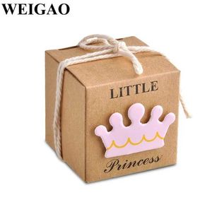 Brocada de presente 20 peças Little Princess/Prince Gift Box Pink Blue Candy Biscuit Packaging com fitas para festas de chá de bebê
