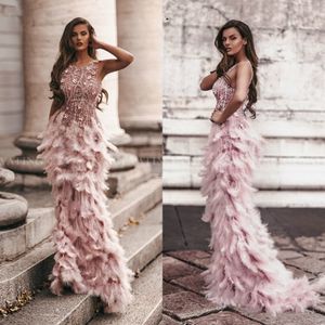 Arabski różowy 3D Floral Syrenca Feathers Prom Sukienki 2K20 Długie afrykańskie suknie wieczorowe Pół formalne suknia Gala Graduation Suknia 2568