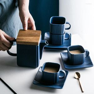 Mugs Nordic Ceramic Tea Cup And Pot Set With Wooden Lid Blue Vertical Stripes Coffee Mug Saucer Stainless Steel Stainer Gift