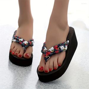 Sıradan Ayakkabı Kadın Çiçek Baskı Platformu Kama Flip Flops - Yaz Plajı Slide Sandalet