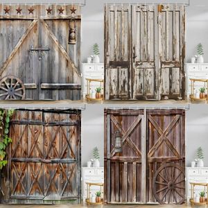 Shower Curtains Vintage Rustic Wood Paneled Curtain Farm Barn Door Wheel Horseshoe Botanical Polyester Fabric Home Bathroom Decor