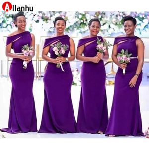 新しい紫色の長い花嫁介添人ドレス2022アフリカンブラックガールズ女性サテンマーメイドウェディングパーティードレスプロムフォーマルウェアオブオナーローブ2608