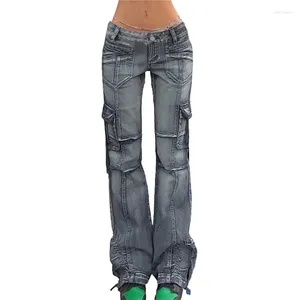 Women's Jeans Pockets Patchwork Y2K Low Waist Pants Cargo Streetwear Vintage Split Skinny Denim Blue Harajuku E Girl