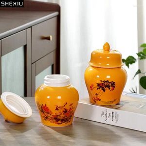 Förvaringsflaskor blomma och fågelmålade keramiska allmänna burk orange burkar med lock skrivbord dekoration godis krukor te caddy containrar