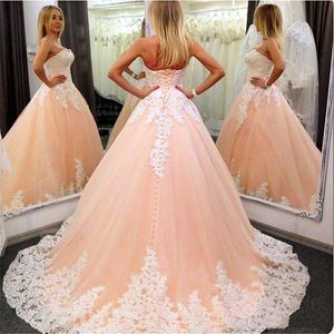 Pink Wedding Dress for Women 2022 Brud Sweetheart Halsboll Bollklänning Spets Applique Bridal Dress Quinceanera klänningar med långt tåg 286o