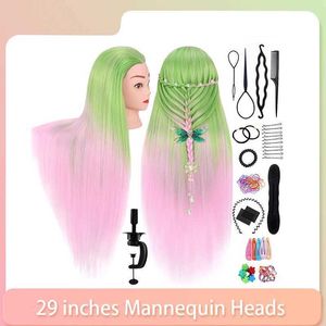 Schaufensterpuppenköpfe 29 Zoll grün rosa Faser Haar Humaner Modell Kopf zum Flechten Haarschnitt Training Doll Frisur Praxis Q240510