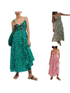 Casual Dresses Women s Summer Floral Boho Maxi Dress Sleeveless Spaghetti Strap V Neck Backless Smocked Swing Long Beach Cami