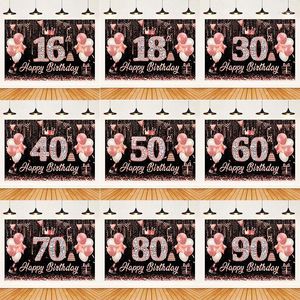 Party Decoration 18th 30th 40th 50th Black Pink Happy Birthday Banner Backdrop Rose Gold Balloon Pography Decor