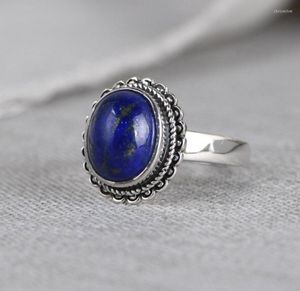 Anéis de cluster FNJ 925 Silver Lapis Lazuli Real original S925 Solid Prue Ring for Women Jewelry Vintage Oval Flower8745388