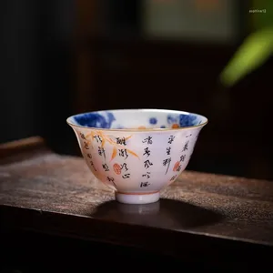 Teaware set bambuugn blå och vit alun hy äggskal porslin master cup te handmålad guldfisk kalligrafi handgjorda