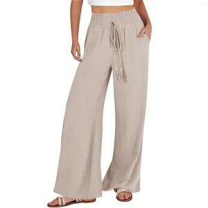 Women's Pants Women Classic Wide Leg Solid Color Breathable Cotton Linen Drawstring Bohemian Beach Yoga Sports