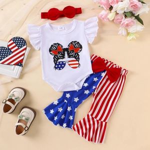 Zestawy odzieży Baby Girls 4 lipca stroje Ruffle rękaw Romper Bow Bow Flare Pants Pałąk zestaw pałąk urodzony