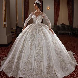 Saudiarabiska vintage bröllopsklänningar bling långärmad bollklänning spets muslimsk mantel de mariage 2022 2324