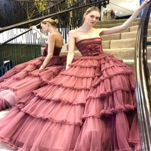 Party Dresses Exquisite Evening Dress Plus Size Strapless Modest Backless Floor Length Layered Puffy Tulle Prom Gowns Design