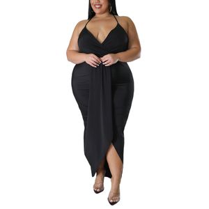 Frauen Plus Größe Kleider sexy v Hals Riched Wrap Schlitz Saum ärmellose Spaghetti -Gurt Midi Bodycon Kleid