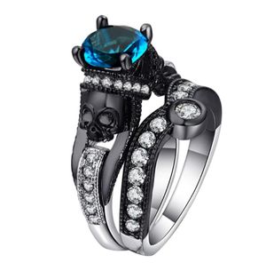 Hainon 2pcs Skull Ring Sets Женщины мужчины панк -ювелирные украшения шарм Blacksilver Color Corbic Circonia Cluster Rings6178489