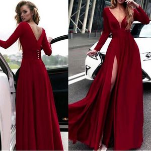 2020 Zarif Kırmızı Uzun Balo Elbiseleri Uzun Kollu V Boyun Zemin Uzunluğu Arka Kuruluşlar Resmi Kadınlar Özel Günlük Parti Elbiseleri 258t