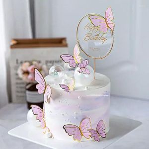 FESTIDOS DE FESTO 10pcs roxo rosa Butterfly Cake Decoration Feliz aniversário Topper Made Made Painted for Wedding Baby Shower