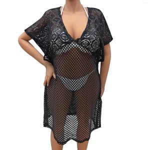 Plus Size Women's Beach Cover Up Vacation Bikini Coverups Deep V Lace Splice Mesh Ups for Swimwear Women Beachwear