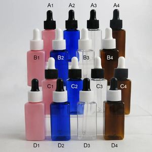 Garrafas de armazenamento 30 x 30 ml gotas de plástico quadrado com pipeta de olhos âmbar vazio / óleos essenciais azuis rosa transparente Recipientes de garrafa