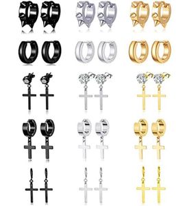 Stud 15 Pairs Cross Earrings Stainless Steel Punk Pointed Headband Huggie CZ Hinge Earring Set Silver Black Gold1013922