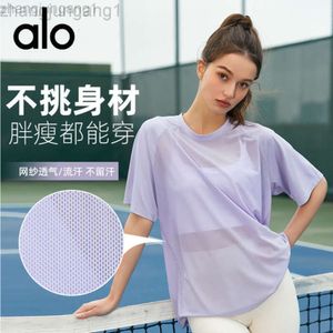 Desginer Als Yoga Aloe Top Shirt Clothe Short Woman Summer Thin Sports Cover Up Fitness Running Short Sleeve Womens Suit Breathable Loose Top