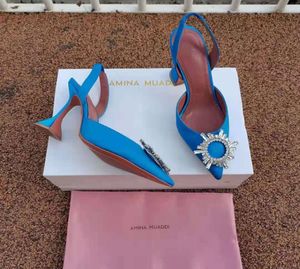 Sapatos da estação da moda Amina Muaddi Bombas 95 Begum Sling Blue Crystal Slingback Sandal Saltos Real POS1289575